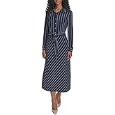 Tommy Hilfiger Womens Long Sleeve Collared Tie Waist Midi Shirt Dress