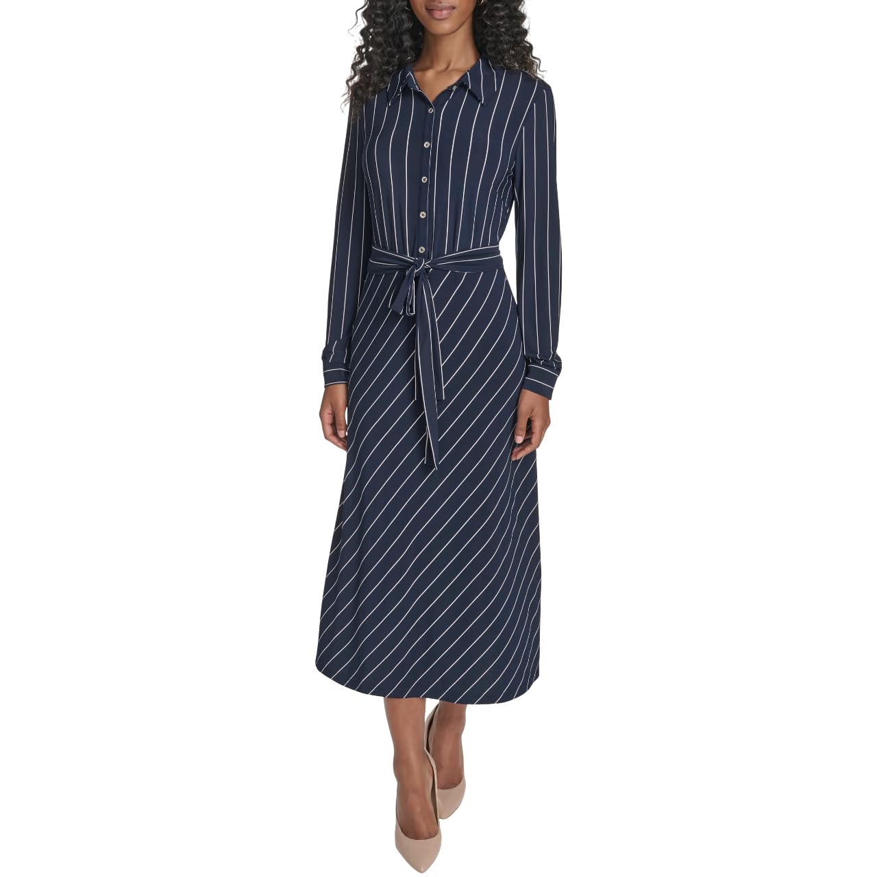 Tommy Hilfiger Women’s Long Sleeve Collared Tie Waist Midi Shirt Dress, Sky Captain/Ivory, 10