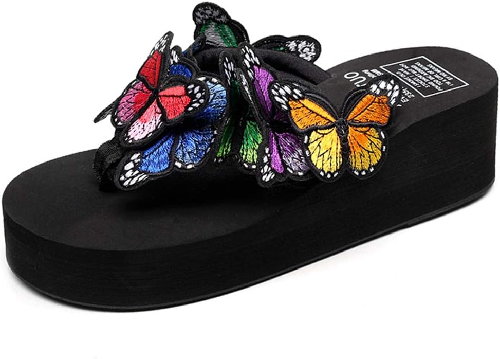 Women's Bohemian Butterfly Platform High Heel Flip Flops Anti-Slip Summer Beach Thong Wedge Sandals