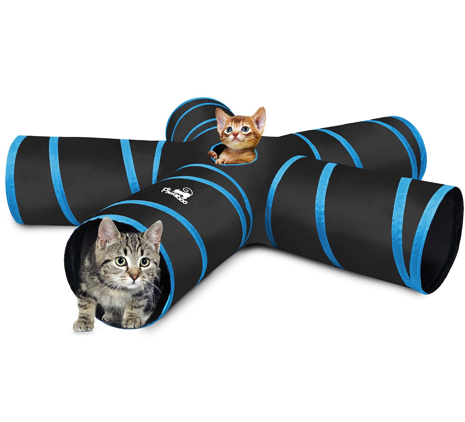 Pawaboo Cat Toys, Cat Tunnel Tube 5 Way Tunnels 25x53cm Extensible Collapsible Cat Play Tent Interactive Toy Maze CatHouse with Balls and Bells for Cats Kitten Kitty Rabbit Small Animal, Blue