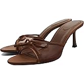 YIYA Women's Leopard Print Mules Heels with Bow Open Round Toe Stiletto High Heels Party Dress Slip On Backless Sandals