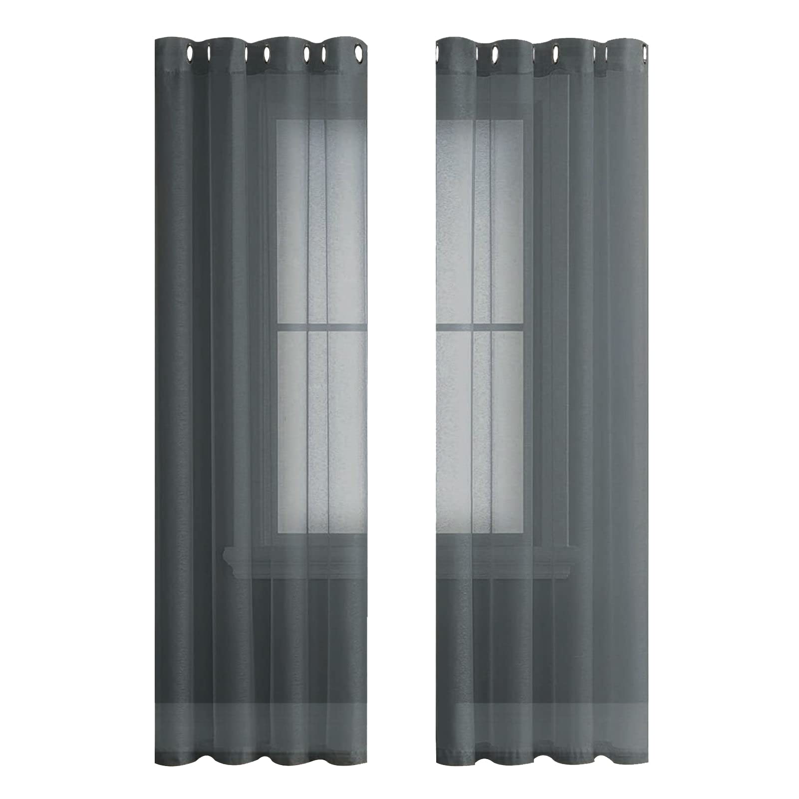 MRTREES Voile Curtains, Semi-Transparent, Short with Eyelets, Scarf Curtains in Linen Look for Living Room, Bedroom, Children's Room, Anthracite, 245 x 140 cm (H x W), Set of 2 — image 1