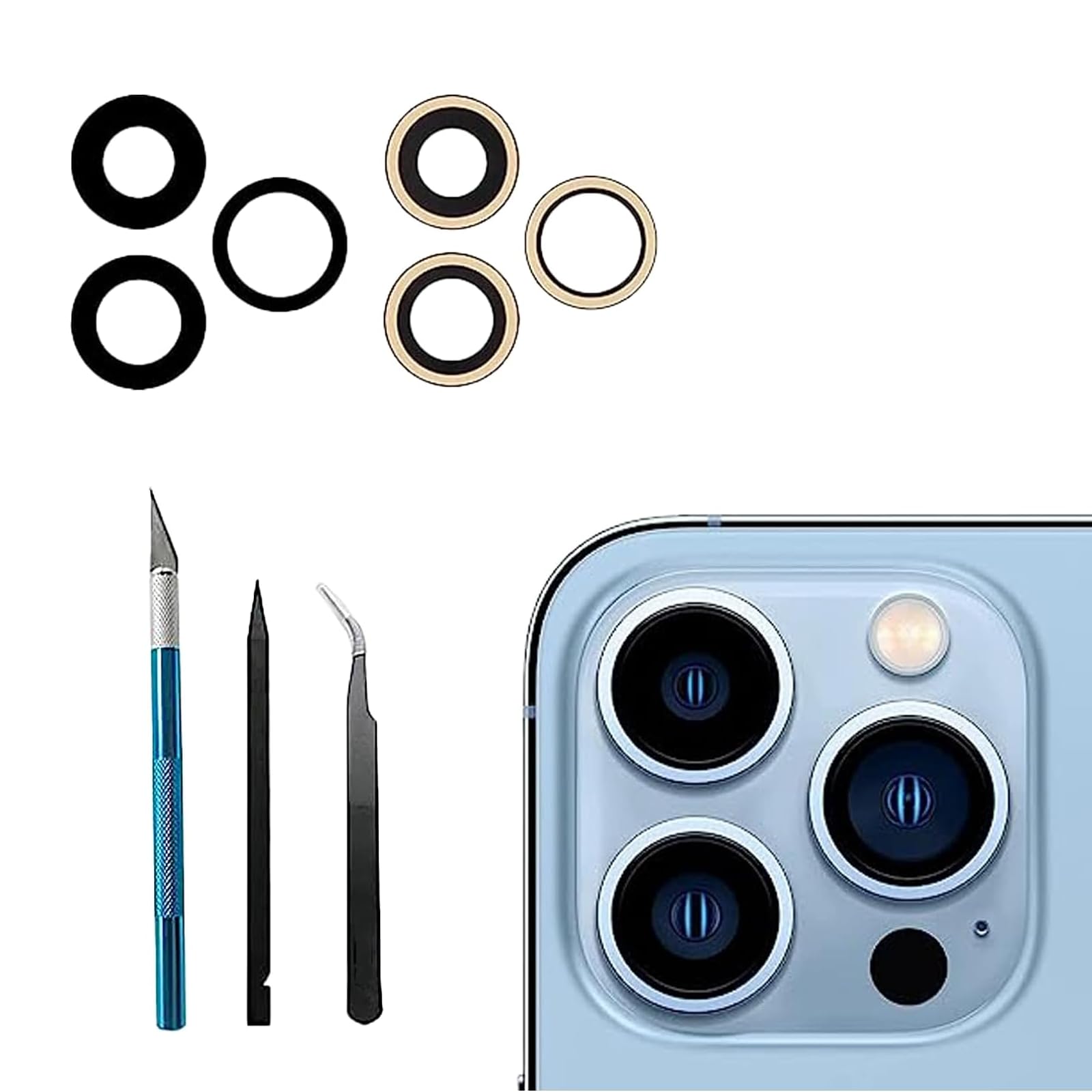 Mingxiong 3Pcs/Set 13 Pro/13 Pro Max Rear Back Camera Glass Lens Replacement for iPhone 13 Pro/iPhone 13 Pro Max Camera Glass Lens Replacement + Repair Tool Kit Set,Anti-Lens Scratch