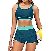 Holipick Women's Sporty Bikini Sets Two Piece Color Block Swimsuit Bathing Suits with High Waisted Boy Shorts Bottom
