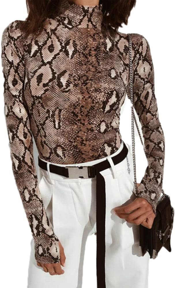 Annstar Women Snakeskin Print Bodysuit Jumpsuits Rompers One Piece Leotard Top