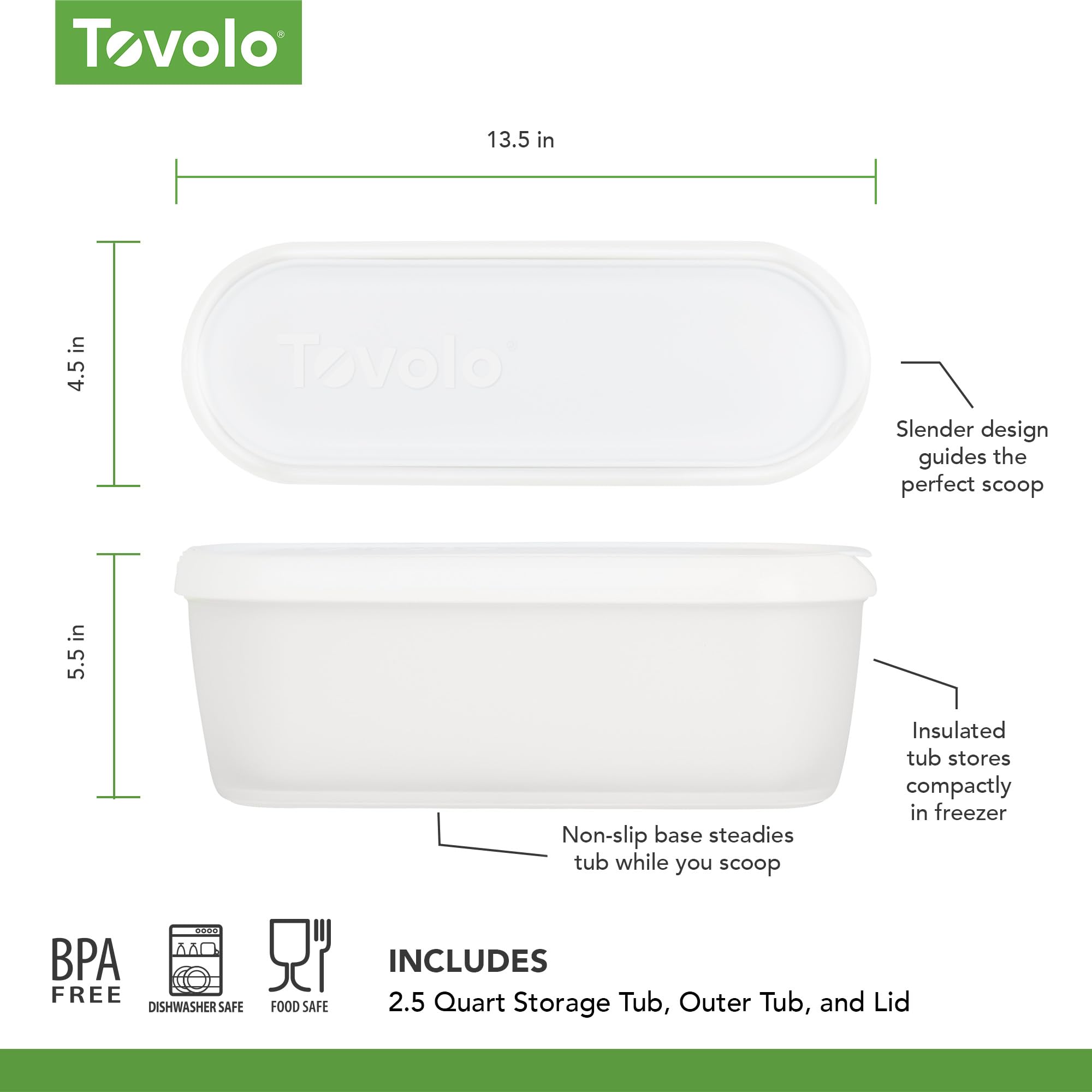 Tovolo Ice Cream Containers for Homemade Ice Cream, Glide-A-Scoop (2.5 Qt, White) - Stackable Ice Cream Storage Containers for Freezer - BPA-Free Ice Cream Tub with Lid & Non-Slip Base
