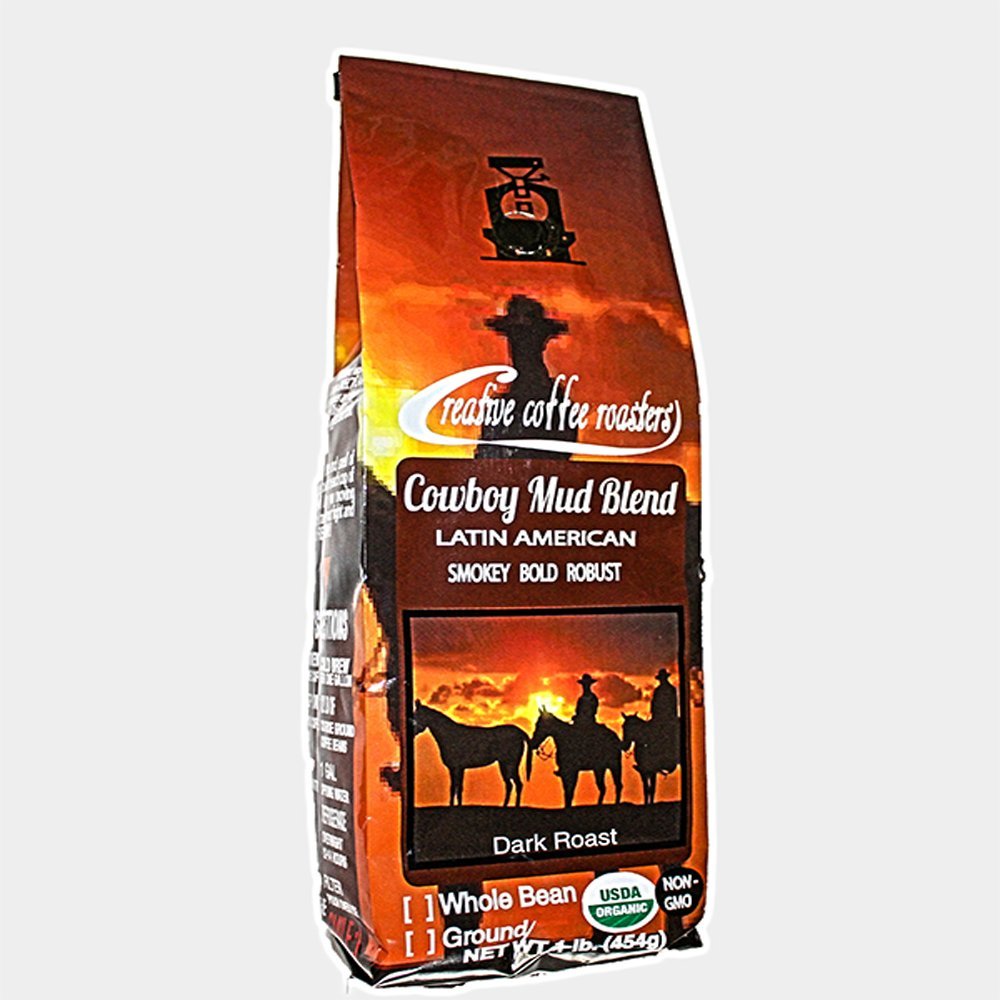 Creative Coffee Roaster COWBOY MUD - Organic Dark Roast - Whole or Ground Bean, or Single Serve Capsules - USDA Organic - Non GMO - 1lb Ground Beans