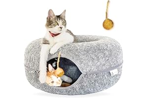FAMPAWS Large (24 Inch) Peekaboo Cat Cave for Multiple & Large Cats, Cat Caves for Indoor Cats Up to 30 Lbs, Scratch Detachable & Washable, Cat Tunnel Bed (Light Grey)