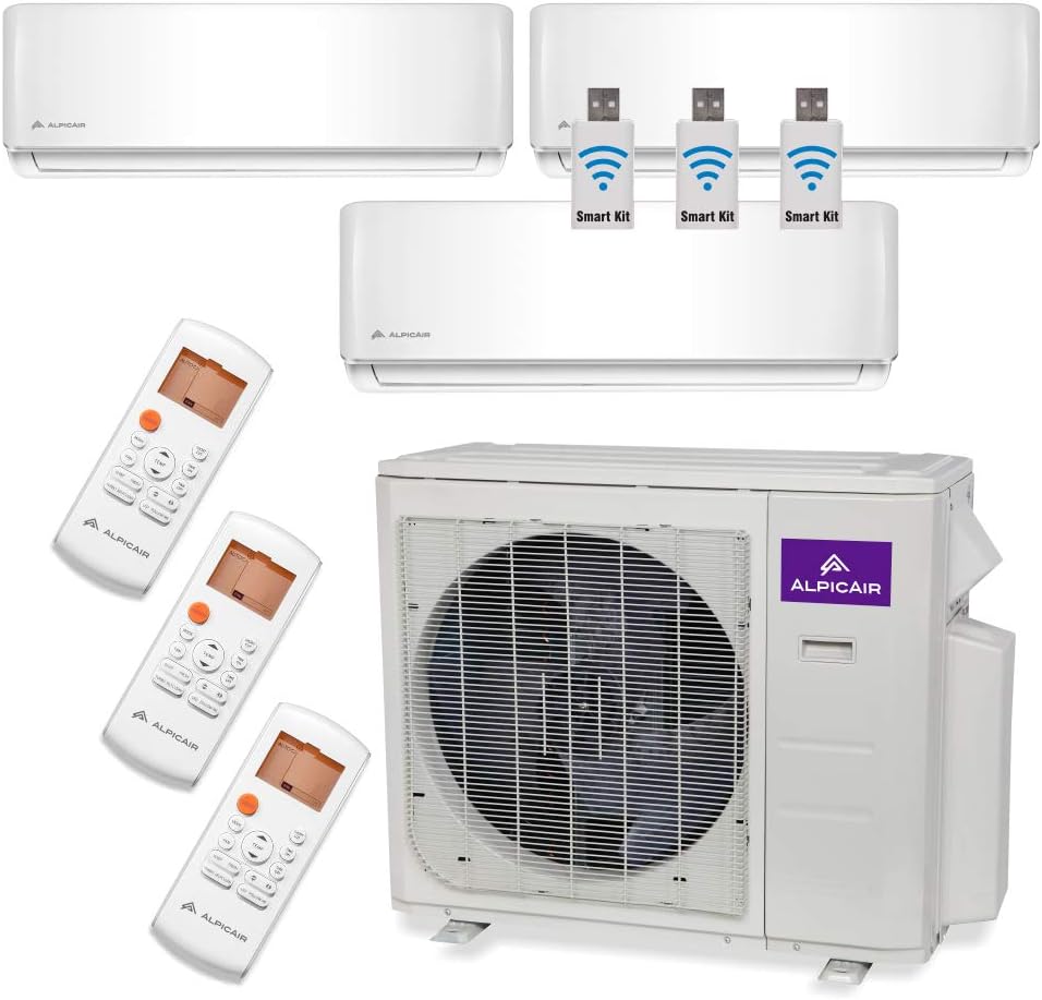 AlpicAir Tri Zone WiFi Ready Ductless Mini-Split System 27,000 BTU Inverter Heat Pump (9k+9k+18k)