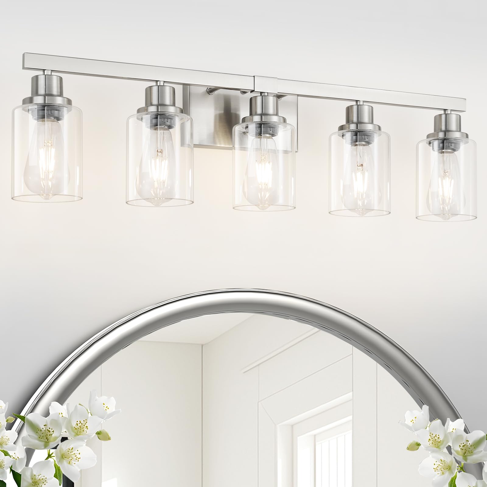 Photo 1 of DIKAIDA Bathroom Vanity Light, 5-Light Nickel Modern Matte Wall Sconce Lighting with Clear Glass Shade, Wall Lights,Bath Vintage Wall Mounted Lamps for Mirror Bedroom Living Room