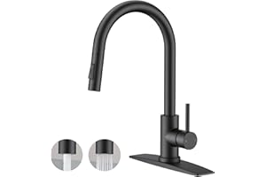 FORIOUS Black Kitchen Faucet with Pull Down Sprayer, Classic High Arc Pull Out Kitchen Sink Faucet with Deck Plate, Stainless
