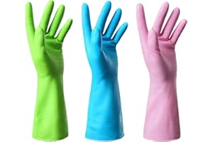 Mulfei Cleaning Gloves-3 Pairs Kitchen Gloves Reusable Dishwashing Rubber Gloves-Including Green Pink and Blue (Medium)