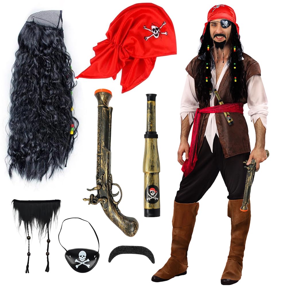 Pirate Costume Set for Adult Men - Accessories Include Wig With Mustache Beard, Hat, Skull Eye Patch, Telescope, Pistol - Halloween Carnival Role Play Dress Up