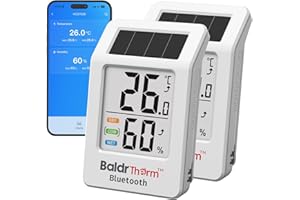 BaldrTherm Solar Bluetooth Thermometer Humidity Monitor with Remote App Control, Offline Storage, Trend Charts, Real-Time Alerts for Home Storage Room, Pet Cage, Indoor/Outdoor Use, White, 2pack