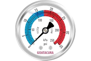 GOATACURA 0-35psi/250kpa Glycerin Filled Pool Filter Pressure Gauge, 2" Dial Size, 304 Stainless Steel Case, 1/4" NPT Center Back Mount, with High Accuracy, for Measuring Water Pressure