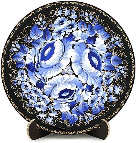 Ukrainian Petrykivka Style Hand Painted Wooden Round Platter for Beautiful Kitchen - Blue Floral Decorative Plate on Stand - Fireplace Decor - Gift for Mom - from Ukrainian Gift Shop
