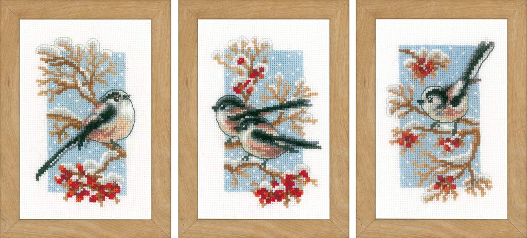 Vervaco Counted Cross Stitch Kit: Long-Tailed Tits & Red Berries: Set of 3, Cotton, NA, 8 x 12cm, N
