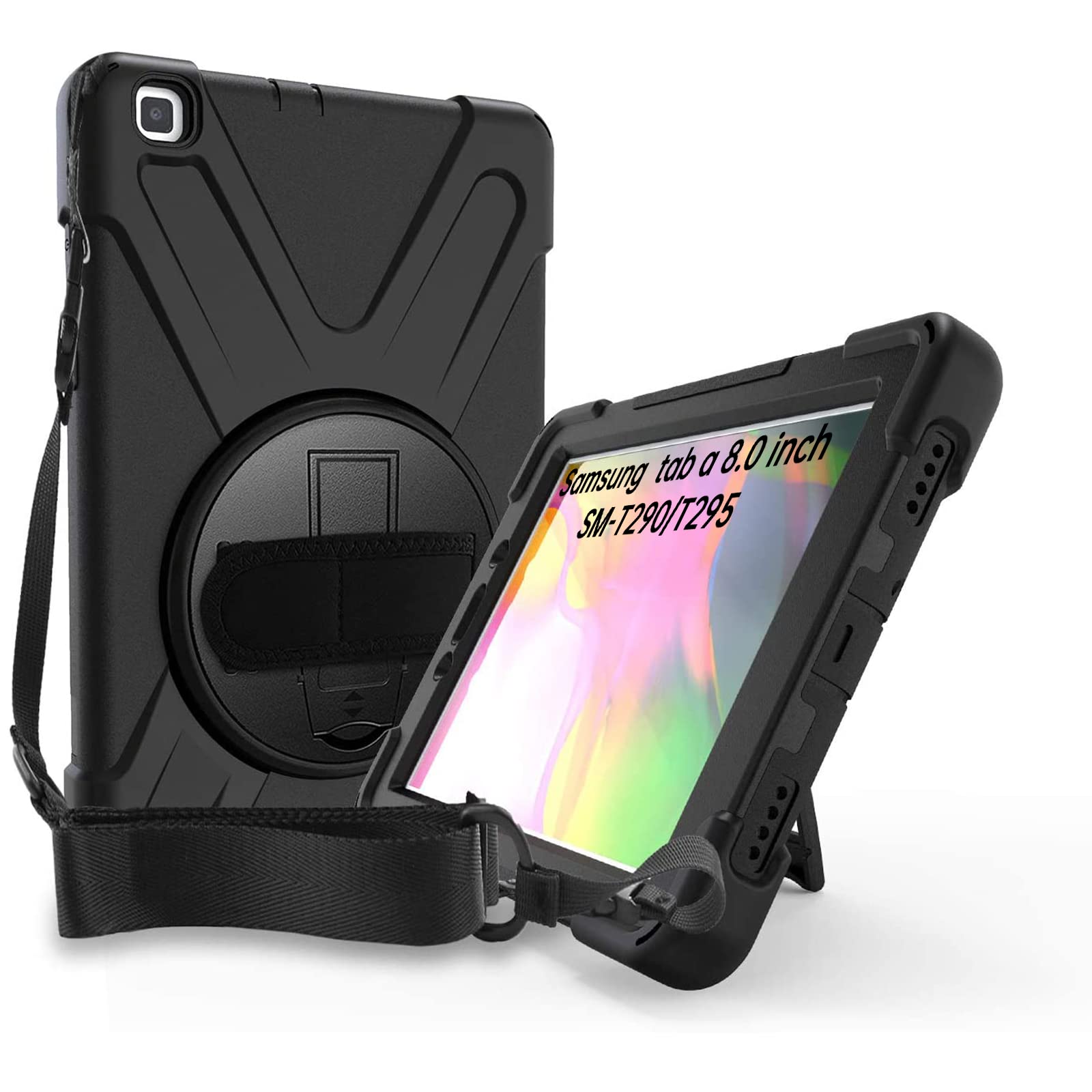Gerutek Case for Samsung Galaxy Tab A 8.0 2019 with Screen Protector, SM-T290/T295 Full Body Shockproof case Samsung Tab A 8.0 with 360 Rotating Stand&Hand/Shoulder Strap, Black