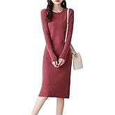 Ailaile Merino Wool Sweater Dress Women's O-Neck Long Sleeved Knitted Pullover Crewneck Slim Fit Autumn Winter Tops