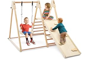 OLAKIDS Climbing Toys for Toddlers, 4 in 1 Foldable Kids Wood Montessori Triangle Set Climber with Ladder Ramp Slide and Swing for Playground, Indoor Climb Activity Jungle Gym Play Structure