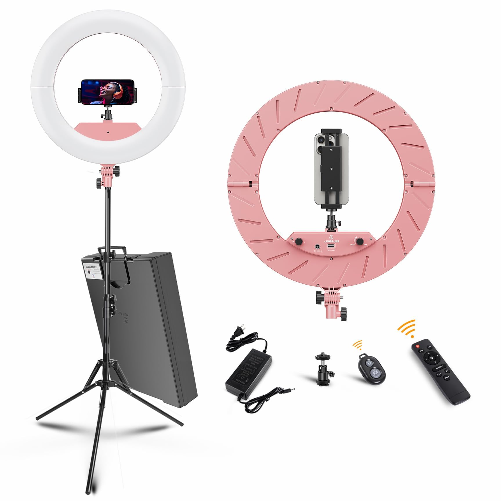 Photo 1 of JJ JIANJIN Ring Light 18 INCH Kit,55W6700k Dimmable LED Light, Tripod Stand, Remote Controller,Box for Camera,Smartphone,YouTube,TikTok,Self-Portrait Shooting,CRI95 (Pink)