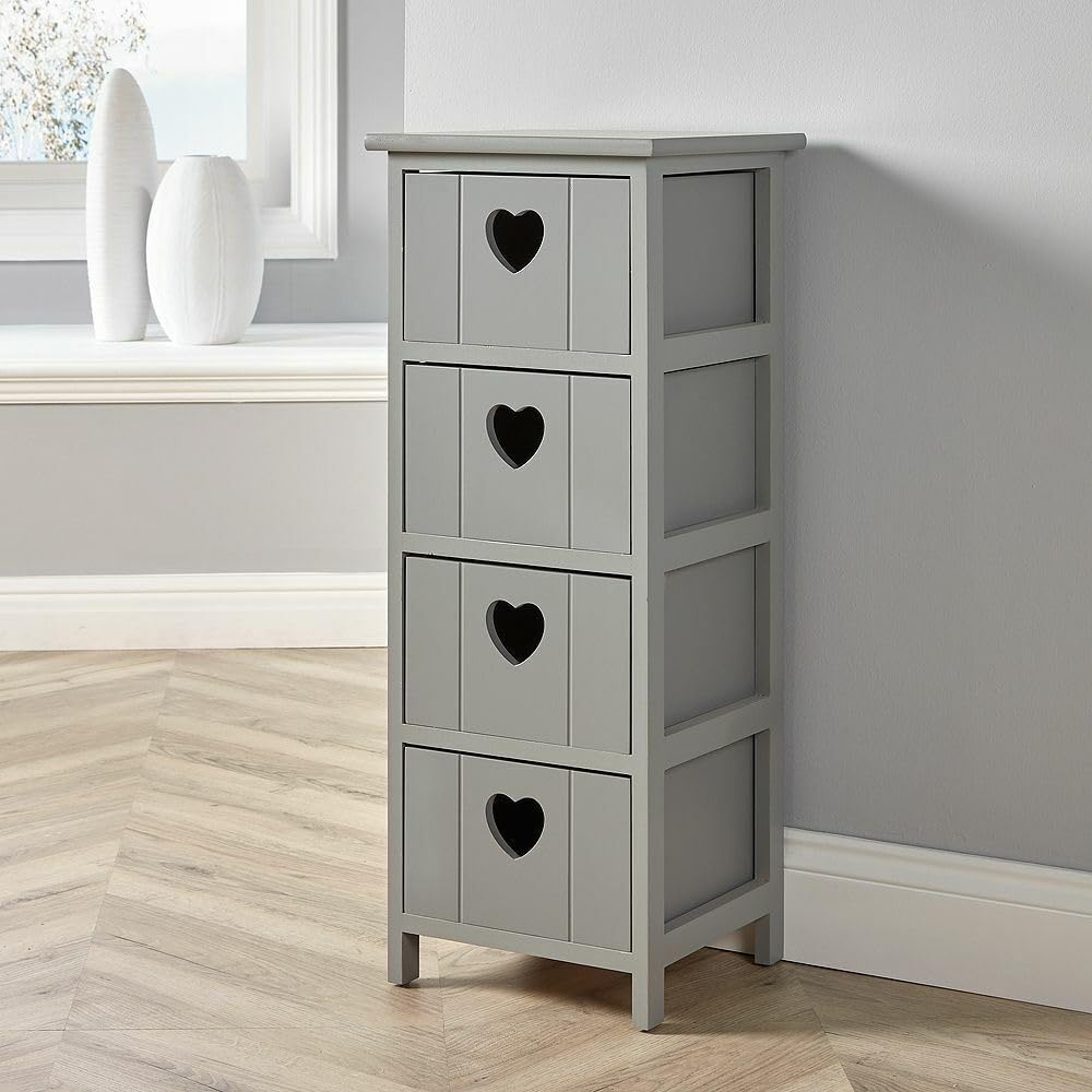 Home Source Chest of Drawers, Wooden Storage Unit Bedroom Organiser Bedside, Love Heart Design, 4 Drawer, Grey