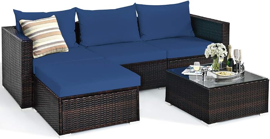 Amazon Com Tangkula 5 Piece Outdoor Patio Furniture Set Sturdy Frame And Weight Capacity Up To 360 Pounds Wicker Sectional Sofa Set With Glass Top Coffee Table Porch Garden Poolside Furniture For 4