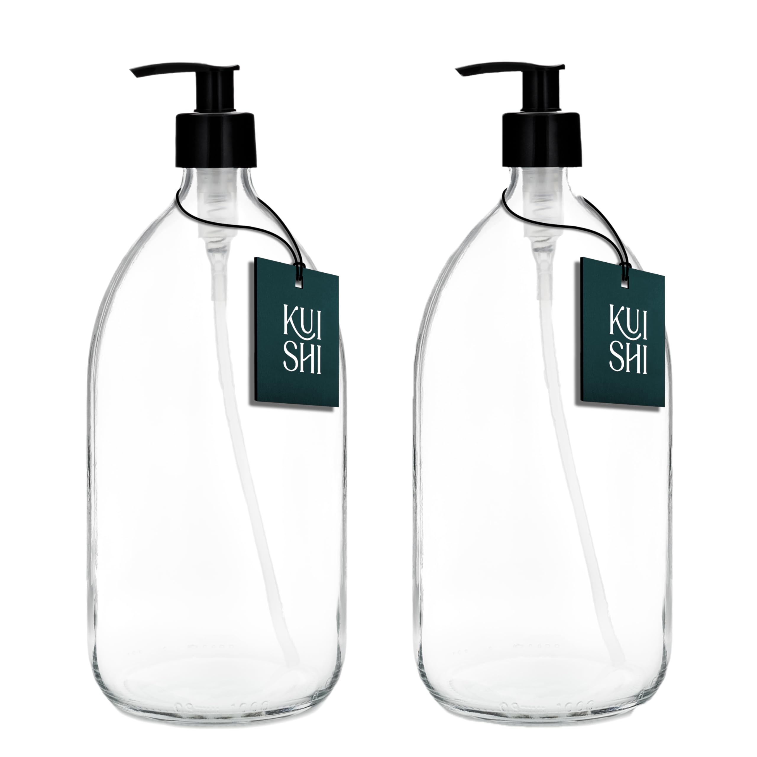 Kuishi 1000ml Glass Soap Dispenser with Black Plastic Pump - Pack of 2 Refillable BPA-Free Hand Soap Dispenser for Kitchen & Bathroom, Clear