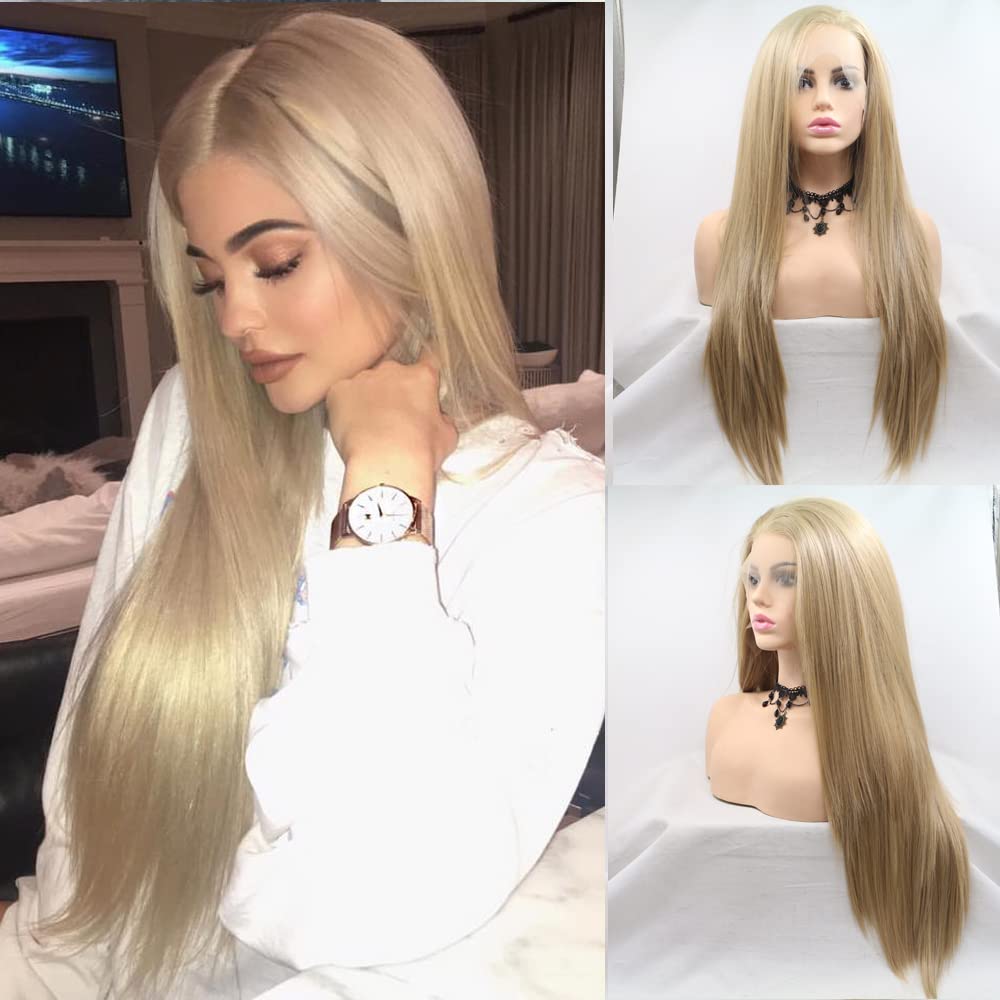 Xiweiya Lace Front Wigs Ash Blonde Lace Wigs Long Silky Straight Sand Blonde Hair 13x3 Lace Heat Resistant Fiber Wig High Density Hair-reparement Wig for Women Daily Wear, Halloween Cosplay Wig 24" — image 1