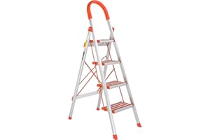 LUISLADDERS Step Ladder 4 Step Lightweight Folding Step Ladder Aluminum Step Stool with Widened Anti-Slip Strip Pedal Convenient Handgrip 350lbs EN131, Multi-use for Household and Office