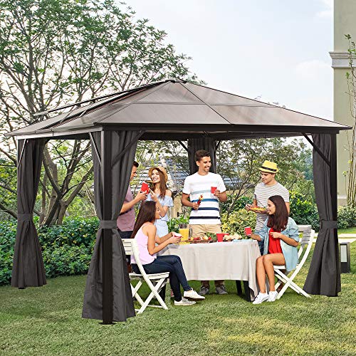 Outsunny Pavillon Gartenpavillon Partyzelt mit Seitenteilen PC Dach Alu Braun 3,45 x 2,8 x 2,6 m – Bild 3