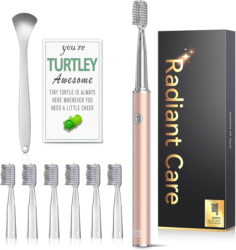 Escova de dentes elétrica Sonic com limpalínguas para adultos, 6 cabeças, 3 modos e 40000 VPM, carregamento rápido 3 horas e 45 dias, aspeto metálico (ouro rosa)