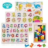 4 Pack Toddler Puzzles, Ezire Wooden Peg Puzzles for Kids - Numbers Puzzle, Alphabet Puzzle, Sea Creatures Puzzle, Tetris Puzzles Toy Perfect Pegged Puzzle for Baby Learning