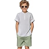 Arshiner Boy's 2 Pieces Linen Sets Short Sleeve Henley Shirt and Shorts Summer Beach Matching Outfits 4-12 Years