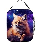 DOINBEE Cute Galaxy Fox Lunch Box, Kawaii Fox Purple Galaxy Space Animal Insulated Lunch Bag Tote for Girls Boys Kids Men Women, Reusable Leakproof Lunchbox Cooler Food Bag with Side Pocket