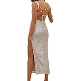 Eilova Orityle Women Sequin Dress Elegant Square Neck Ruched Midi Dress Sexy Tie Backless Maxi Dress