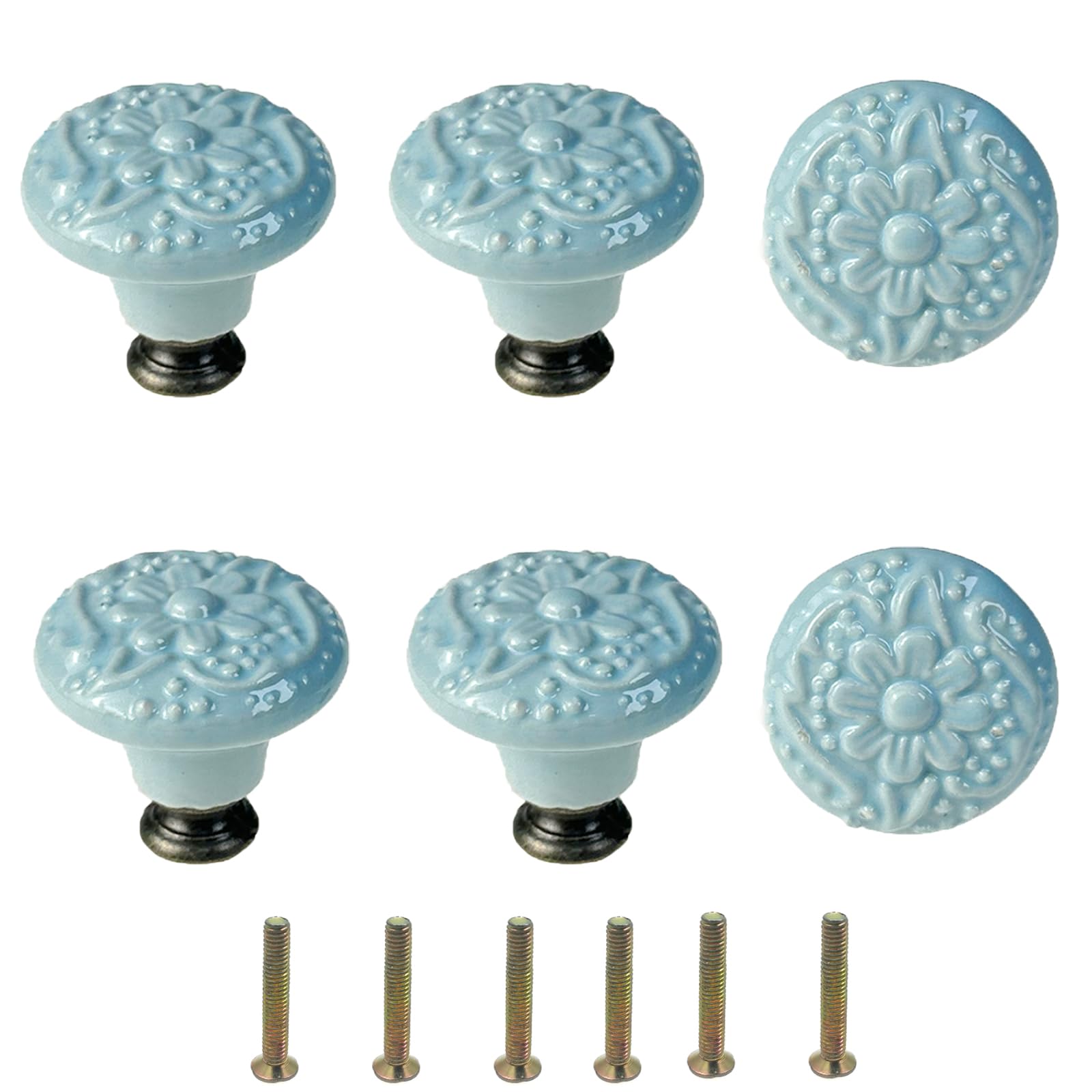 Mimhooy 6 Pcs Vintage Cabinet Pulls, Retro Dresser Knobs, Decorative Flower Knobs for Cupboards & Draws Sky Blue, Furniture Pull Handles — image 1