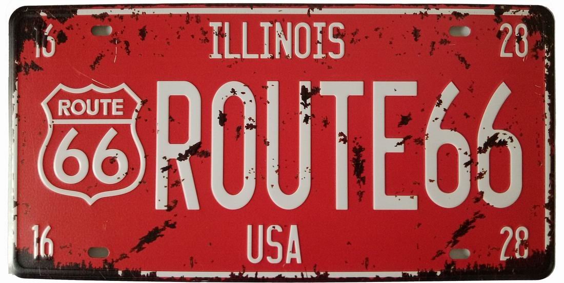 ILLINOTS Route 66 Retro Vintage Auto License Plate Tin Sign Embossed Tag Size Home Pub Bar Decor 6 X 12