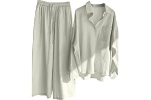 Summer 2 Piece Sets for Women Casual Comfy Cotton Linen Suits Loose Long Sleeve Lapel Shirts and Pants Outfits