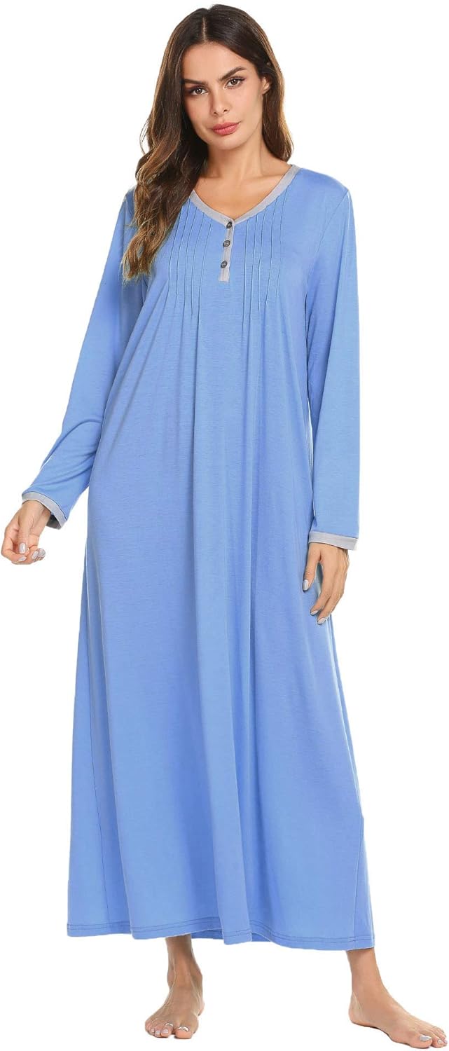 Ekouaer Womens Nightshirt Long Sleeves Nightgown, Casual Button Up Sleepwear Henley Full Length Sleep Dress at  Women’s Clothing store