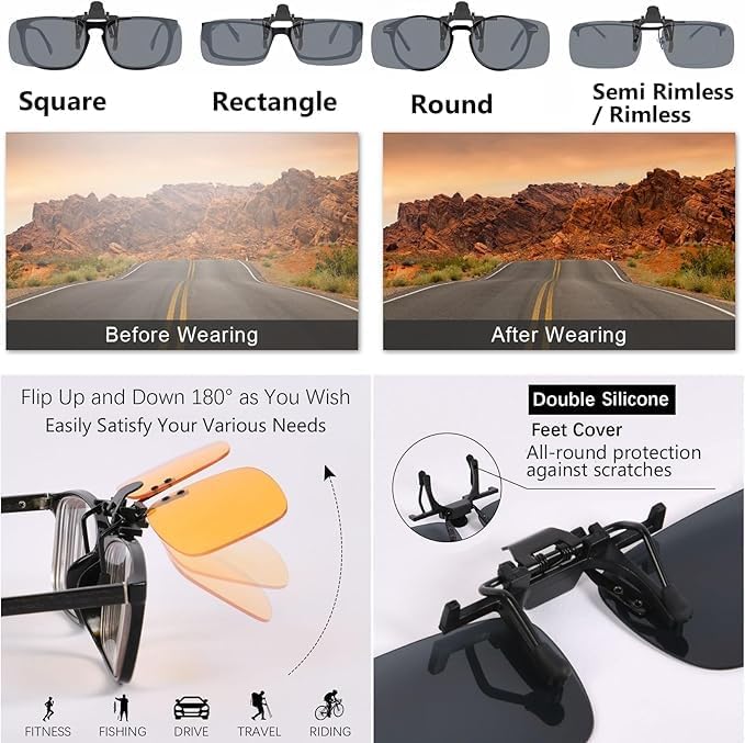 Eulihent Set of 4 Polarized Sunglasses Clip-On Sunglasses, Overlapping Sunglasses, Anti-Glare UV400, 180° Flip Glasses Clip for Men & Women