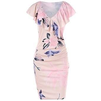 Manadlian Damen Sommerkleid Frauen Lässig gedruckt Floral Volant Halsband Etuikleid
