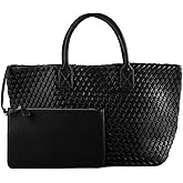 Woven Tote Bag for Women Retro Handwoven Shoulder Travel Handbag Large Capacity Hobo Vegan Leather Bags with Purse