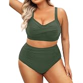 Daci Women Plus Size High Waisted Two Piece Swimsuit Tummy Control Bikini | Twist Front,Ruched Tummy Control,High Waist,V Neck,Full Coverage,Retro,Removable Pads,Adjustable Straps