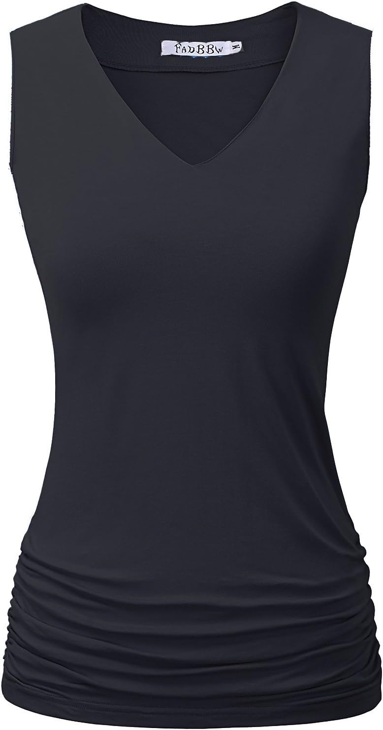 FADBBW Women Fitted V Neck Ruched Tank Tops Shirring Shirts For Office Wear
