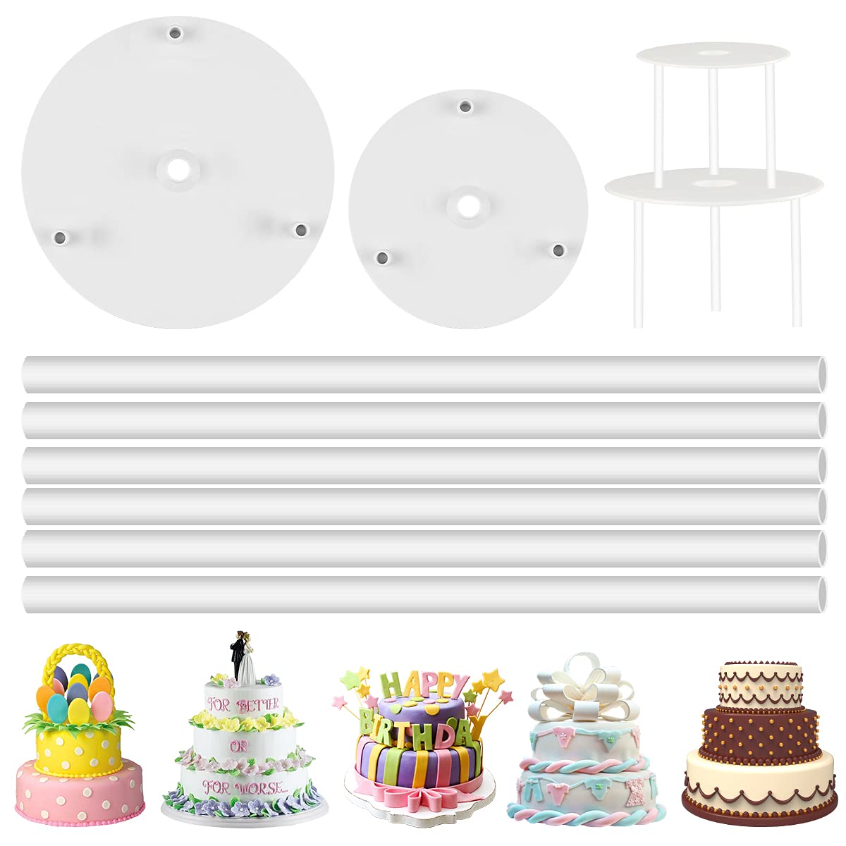 DOERDO DD 2 Tier Cake Separator Plates and 6 Pieces Pillars Set, Cake Dowels Rods for Tiered Cake Construction and Stacking(16cm,18cm)