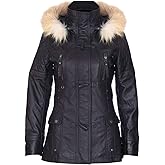 Women's Quilted Leather Parka Jacket with Detachable Hood