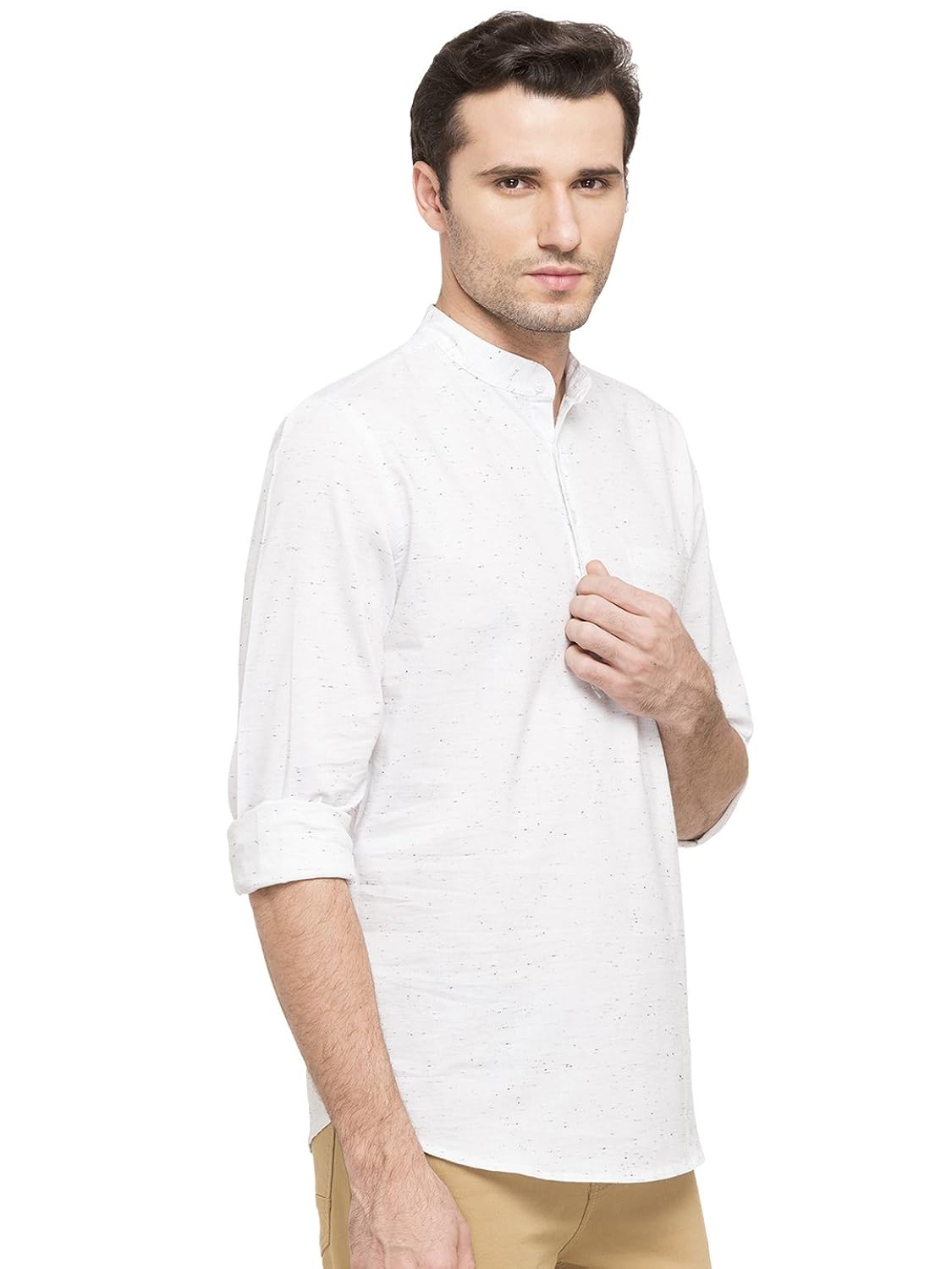 nick&jess men's ethnic wear : white melange printed cotton short kurta shirt