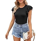 BINOVISOR Womens Ruffle Short Sleeve Bodysuits Slim Fit Crew Neck Ribbed Leotard Shirts Tops