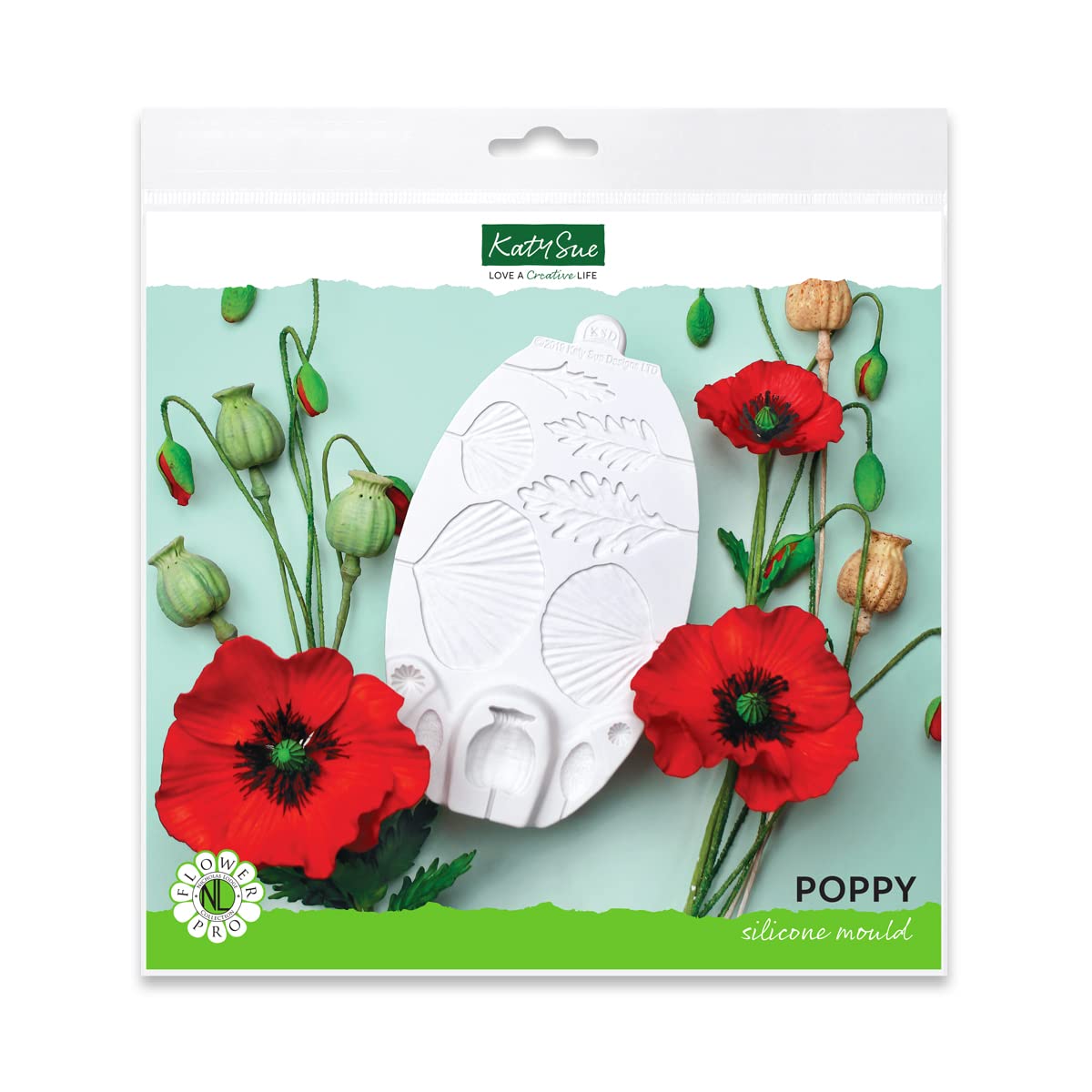 Flower Pro Poppy Silicone Mould for Cake Decorating and Clay Crafts by Katy Sue Moulds. Makes Poppy Petals, Leaves, Seed Head, Poppy Centers & Bud. for Use with Fondant and Clay